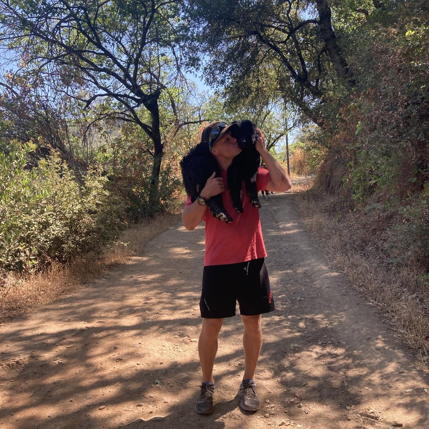 Mike's first hike with Caroline and Zucc! Zucc got hot, so Mike gave him a lift.