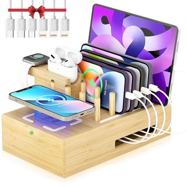 Bamboo Wireless Charging Station for Multiple Devices - Wood Docking Station Organizer, Qi Certified Fast Wireless Charger, 7 USB Charging Ports for Cellphone, Smart Watch, Earbuds, Tablet