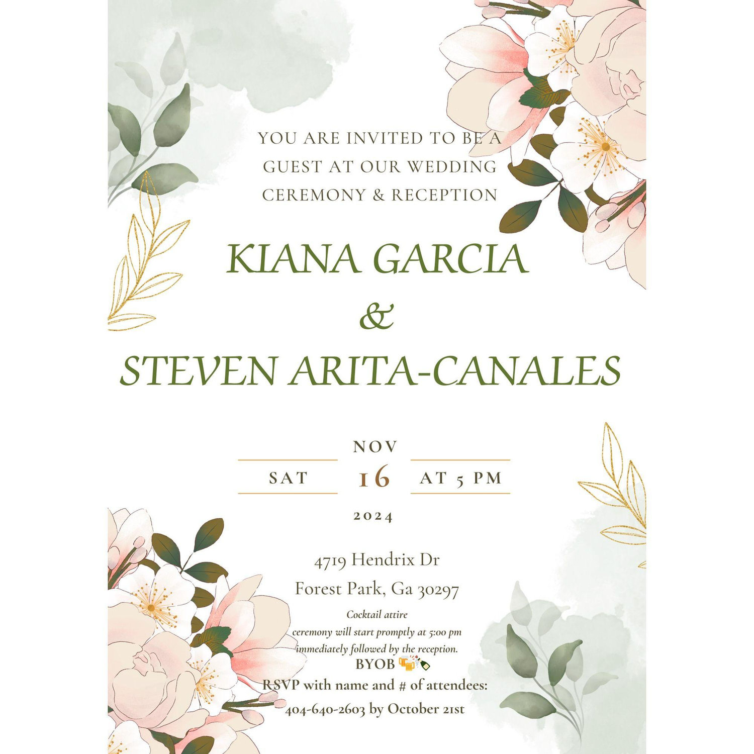 Our color scheme will be based along the colors in the invitation. (Sage green, ivory, white, blush pink!)
