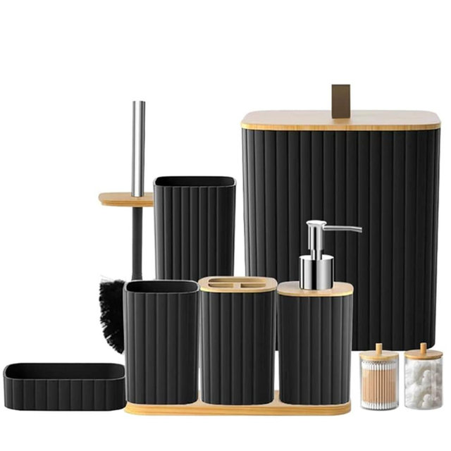 Vostolaiv Bathroom Set - 9PCS Black Bathroom Accessories Set Toilet Brush Holder Set Soap Dispenser Decorative Countertop Bathroom Accessory Set with Trash Can Bathroom Decor Set for Home, Restroom