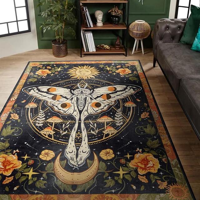Ouyattle Washable Mystical Luna Moth Rugs Ultra Thin, Boho Moody Black Floral Aesthetic Living Room Rugs Vintage Hippie Celestial Aesthetic Bedroom Rug, Retro 6x9 Area Rug Carpet for Dining Room Dorm