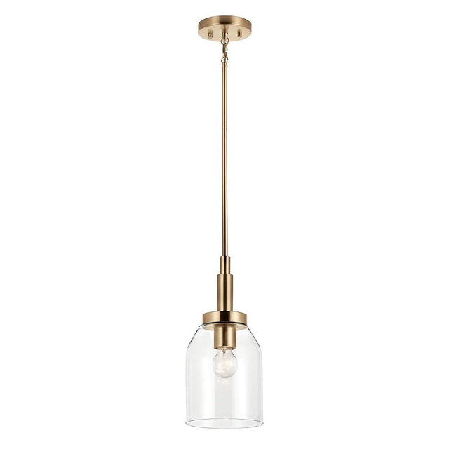 Kichler Madden 1-Light Mini Pendant with Clear Glass in Champagne Bronze, Sloped Ceiling Compatible, for Game Room, Bar, Island, Billiards Table or Kitchen (15" x 7"), 52725CPZ