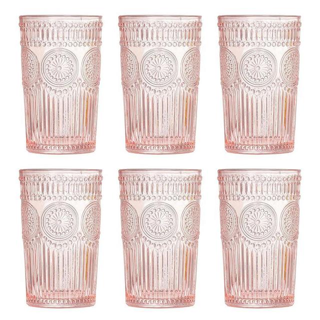 Vintage Glassware Romantic Drinking Glasses - 12 OZ Pink Glassware Embossed Glasses Drinking Set of 6 - Perfect Glass cups for Coffee, Cocktails, and Beverages, Dishwasher Safe, Ideal for Gifting
