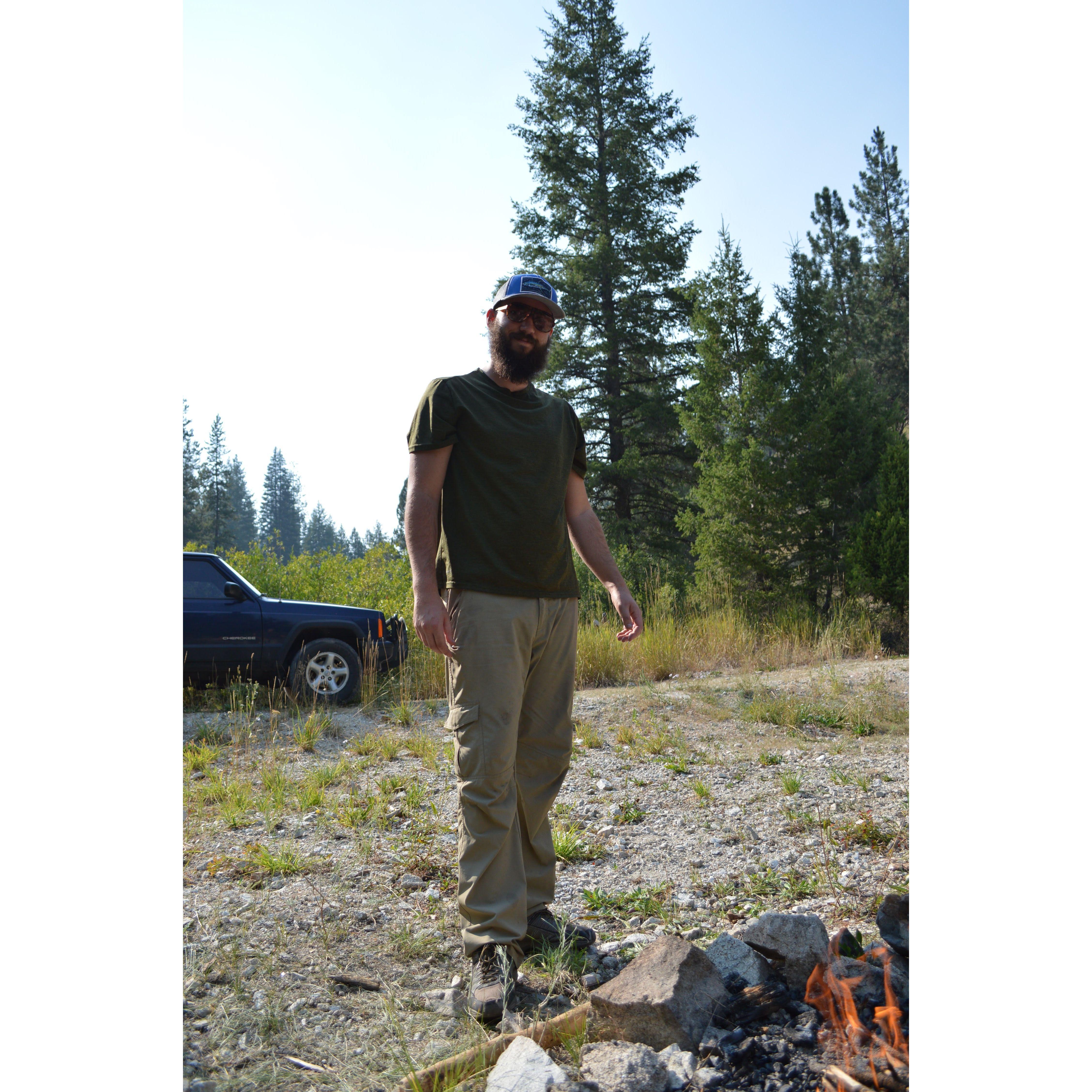 Drew starting a fire on our first camping trip in Featherville