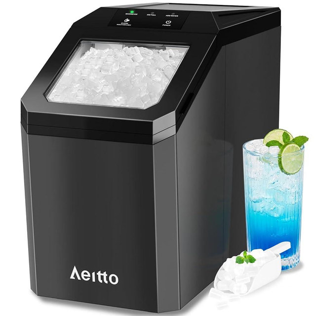 Aeitto Nugget Ice Maker Countertop, 55lbs/Day, Rapid Ice Release in 5 Mins, Large Capacity Chewable Ice Maker, Self-Cleaning with Stainless Steel Housing Ice Machine for Home Office and Party, Blcak