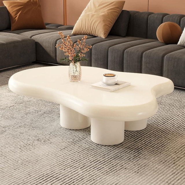 Cloud Coffee Table, Modern White Coffee Table for Living Room，Small Coffee Table with 3 Legs,Small Home Decor Set(Milky White,46.06 Inch)