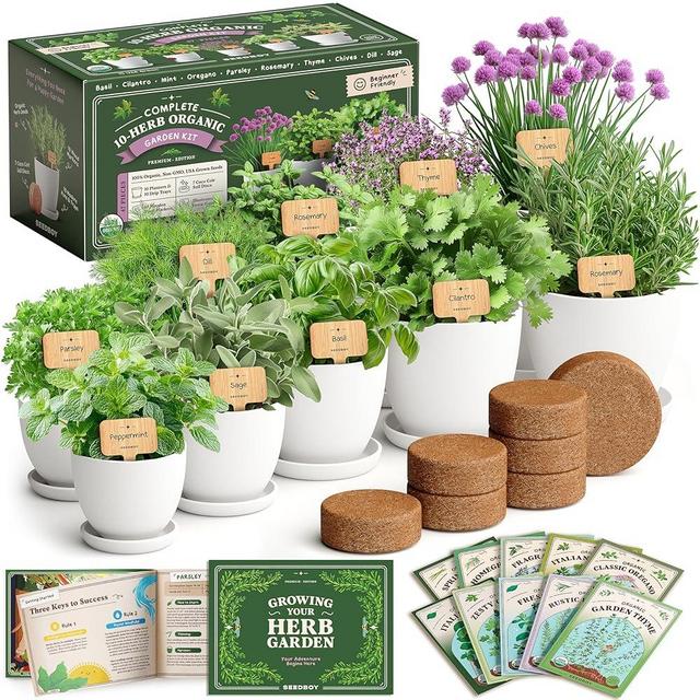 Seedboy Organic 10 Herb Garden Starter Kit for Planting Indoor or Outdoor, Non-GMO USDA Certified Seed, Cool Unique Gift for Gardeners, Mom Birthday, Friends, Plant Lovers (Herb Garden Starter Kit)