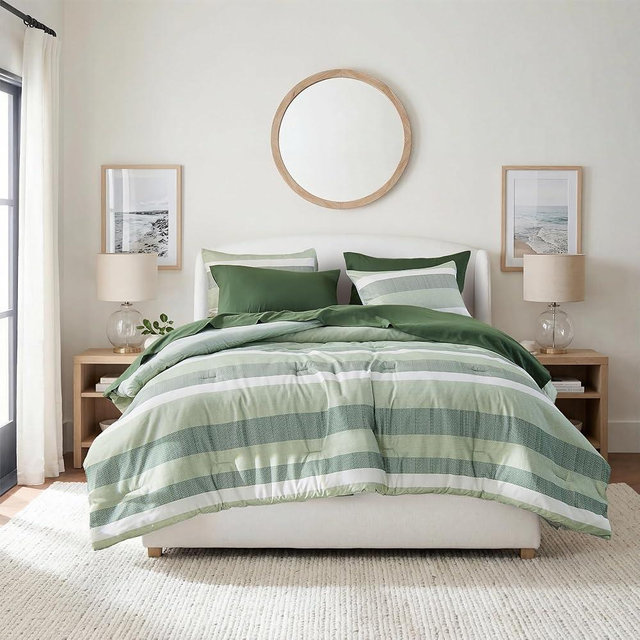 Regency Heights King Size Modern Striped Comforter Set, Lightweight Soft Microfiber Bedding Sets for All Season 7 Pieces Bed in A Bag Set with Comforter, Sheets, Pillowcases & Shams, Sage Green