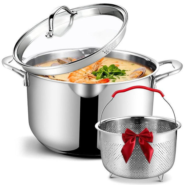 AOSION 6 Quart Stainless Steel Stock Pot with Deep Fryer Basket, 6QT Large Stockpot with Glass Strainer Lid,Ollas De Cocina for Spaghetti, Pasta Pot with Strainer,Compatible with All Cooktops.
