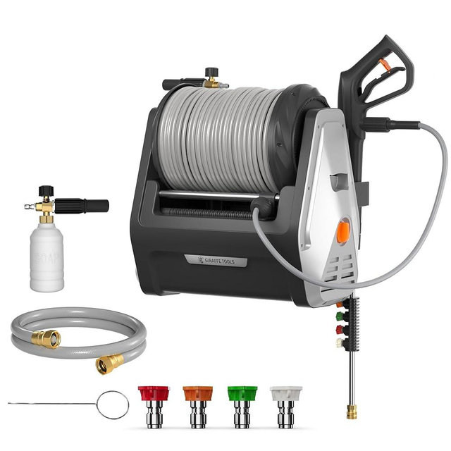 Giraffe Tools Grandfalls Wall Mount Pressure Washer Plus, Electric Power Washer with 1800W Motor, 4-Nozzles, Automatic Rewind, Any Length Lock, 100ft Pressure Hose