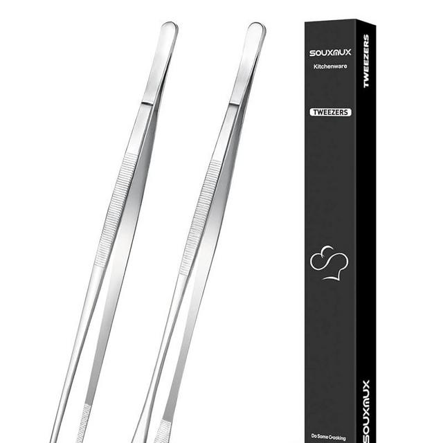 2 Pcs 10-inch Cooking Tweezers Tongs Precision Serrated Tips, Stainless Steel Professional Chef Tweezer Kitchen Tools for BBQ, Plating and Serving (Silver)