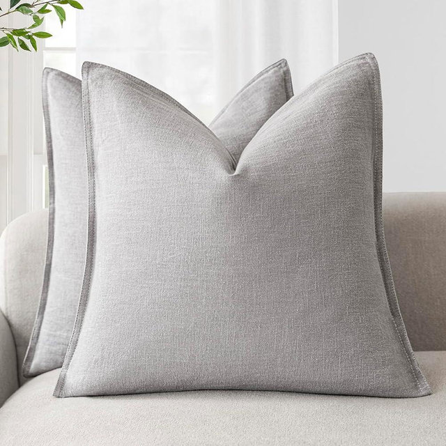 Foindtower Pack of 2, Decorative Linen Soild Throw Pillow Covers Soft Accent Cushion Case Boho Farmhouse Pillowcase for Chair Couch Sofa Bedroom Living Room Home Decor 26 x 26 Inch Light Rustic Gray