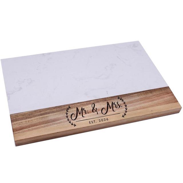 The Wedding Party Store Custom Personalized Marble and Acacia Meat, Cheese, Charcuterie Serving Board Platter (Rectangle Marble and Acacia Mr and Mrs)
