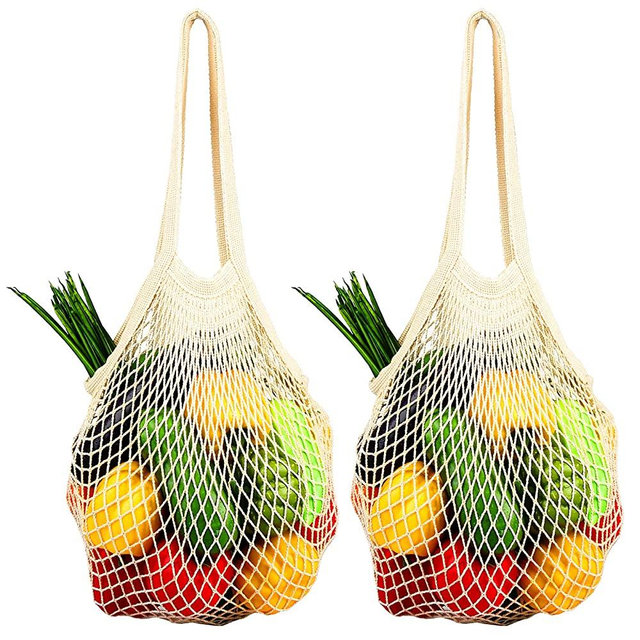 [2 Pack] Premium Mesh Grocery Bags, Reusable Produce Bags, Long Handle Net Tote Bags, 100% Cotton String Bags, Fruit and Vegetable Bags, Beige (Portable/Washable/Durable)