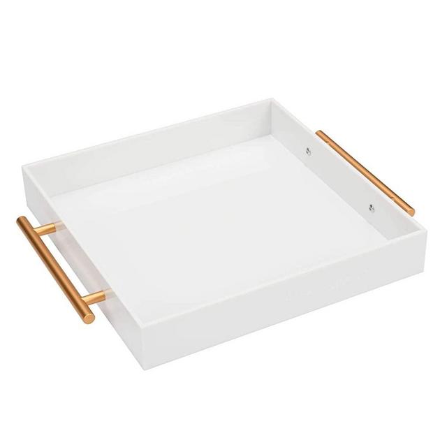 White Acrylic Lucite Serving Tray with Metal Handles,12x12 Inch,Decorative Storage Organizer with Spill-Proof Design,Serving for Coffee,Breakfast,Dinner and More