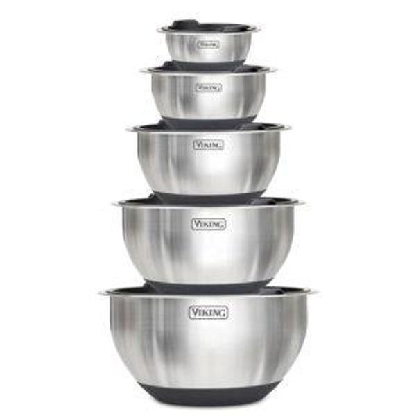 Viking Mixing Bowls Set, 10 Piece Stainless Steel Kitchen Cookware, Non-Slip Silicone Base, Includes Tight Fit Lids, Dishwasher Safe, Black