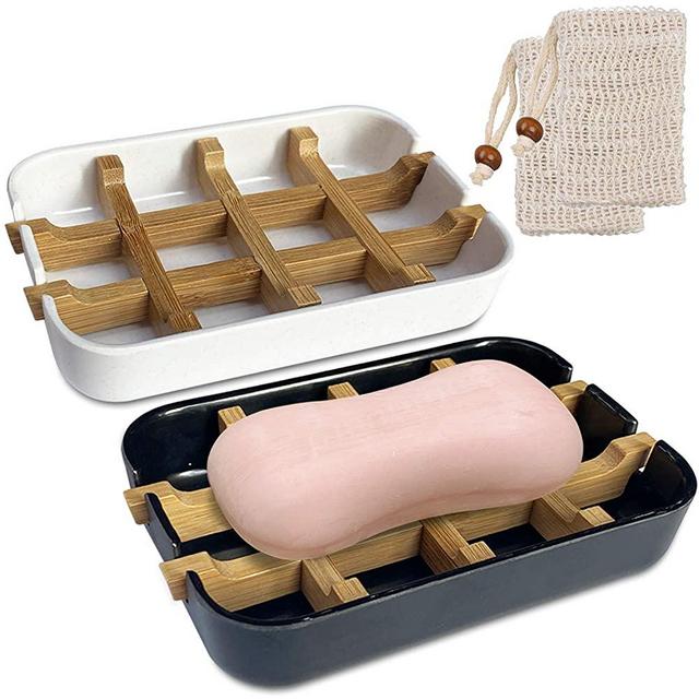 Yeuligo Soap Dish, 2 Pack Bamboo Self-Draining Soap Box and Soap Saver Pouch, Soap Holder for Shower, Bathroom, Kitchen, Bathtub, Bar Sink, White and Black