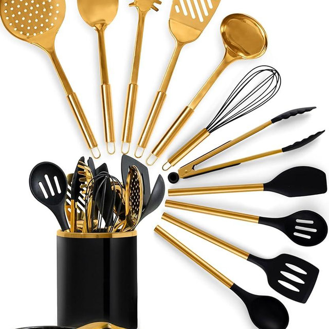 Styled Settings Black and Gold Cooking Utensils Set -13 PC Black and Gold Kitchen Utensils Set Includes Black Ceramic Utensil Holder with Stackable Black & Gold Spoon Rest - Gold Kitchen Accessories