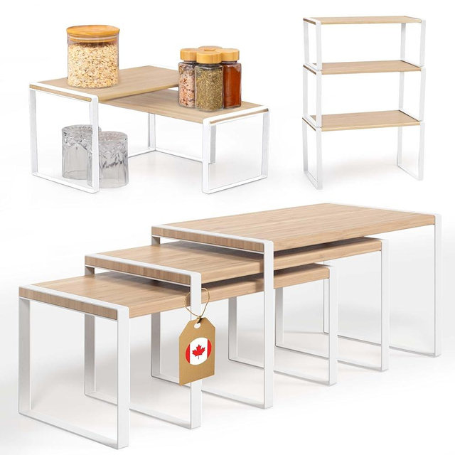 Ibyx Premium Kitchen Cabinet Organizer Shelf - Set of 3 Kitchen Counter Shelves - Stackable & Expandable Shelf Racks for Kitchen Cabinets - Metal Frame & Engineered Wood (Natural Wood, White Frame)