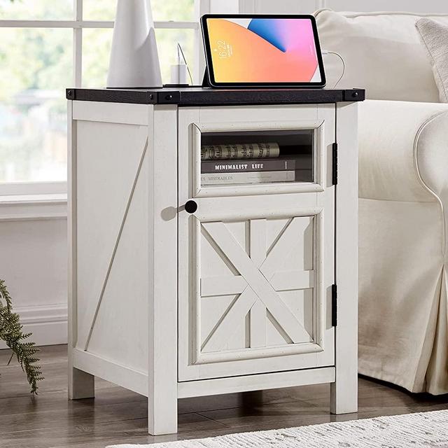 Farmhouse Nightstand with Charging Station - Modern Bed Side Table with 3-Tier Storage, Adjustable Feet - Rustic End Table for Bedroom, Living Room - Wooden Sofa Table – White - Pack of 1