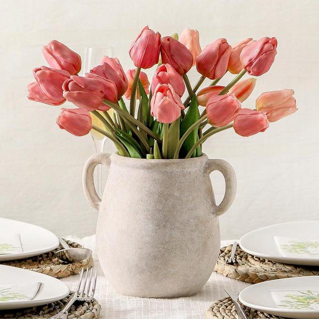 Ceramic Flower Vase Home Decor - 7.1 Inch White Rustic Table Flowers Vases Living Room Bedroom Plant Decoration Modern Farmhouse Vintage for Kitchen Shelf Office Coffee Dining Desk House Women