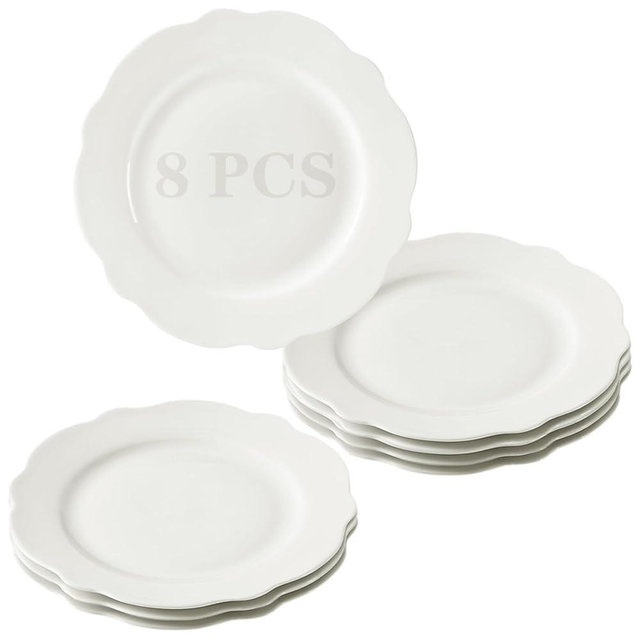 BABALIU 10.5 Inch Porcelain Large Dinner Plates Set of 8, White Leave Wave Rim Appetizer Salad Plates, Ceramic Dinnerware Serving Plate for Pancakes, Steak, Pasta, Pizza, Microwave, Dishwasher Safe
