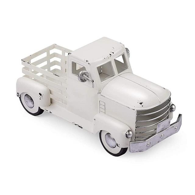 Vintage White Truck Décor, Farmhouse White Truck Spring Decoration, Decorative Tabletop Storage & Pick-up Metal Truck Planter