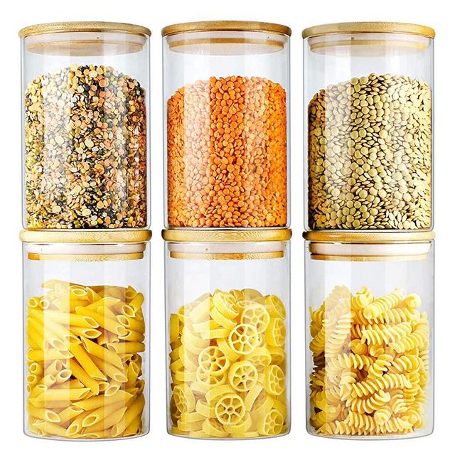 Glass Jars with Bamboo Lids EcoEvo, Glass Airtight Canisters sets, Glass Food Storage Container, Pantry Organization and Storage Jars, Kitchen Canisters Sets, Glass Jars with Lids (27oz of 6 pcs)