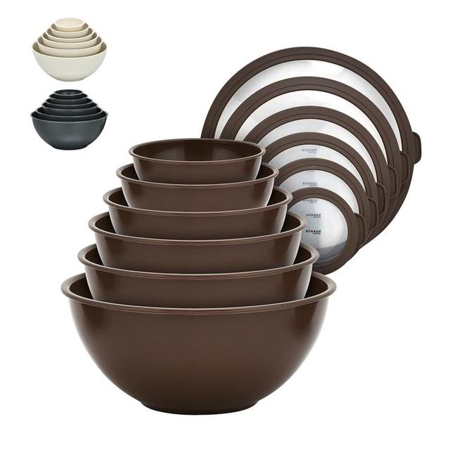 Bakken Master 12 Piece Plastic Nesting Bowls with Lids - Mixing Bowls Set includes 6 Prep Bowls and 6 Lids, BPA-Free, Reusable Meal Prep Containers, Microwave, Freezer & Dishwasher Safe, Brown