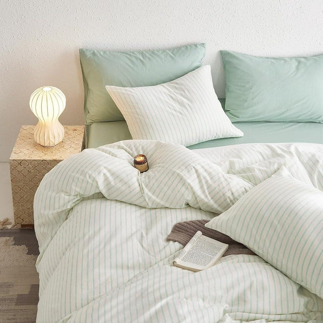 Wake In Cloud - Striped Cotton Duvet Cover Set, Ticking Stripe Vertical Pinstripe Farmhouse, 100% Washed Cotton Textured Bedding Set, 3 Pieces, Aqua White, Queen Size