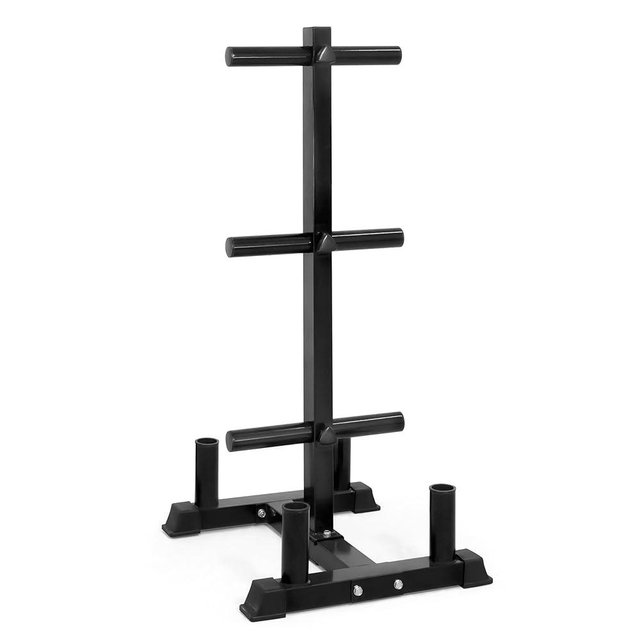 CAP Barbell Olympic Bumper Plate Tree Rack with 6 Weight Plate Posts and 4 Barbell Storage Holders – Heavy-Duty Steel Gym Organizer for Olympic Plates and Bars | Black, Blue or Red options