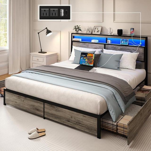 SADENICEL King Size Bed Frame with Storage Headboard, Metal Platform King Bed Frame Wood with 4 Drawers, LED Light, Charging Station, No Box Spring Needed, Noise Free, Easy Assembly, Grey
