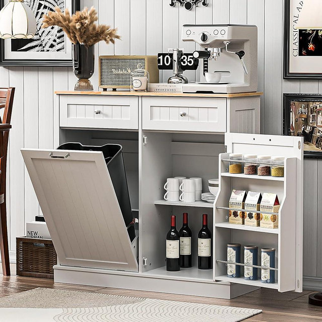 Spurgehom 13 Gallons Tilt Out Trash Cabinet Freestanding Kitchen Recycling Trash Can Cabinet with Hideaway Drawers Pet Proof Trash Can Holder for Kitchen Living Room, White