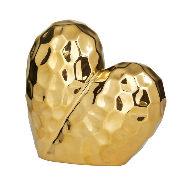 Deco 79 Porcelain Ceramic Heart Decorative Sculpture Dimensional Angled Origami Inspired Home Decor Statue, Accent Figurine 12" x 6" x 11", Gold