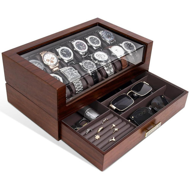High End Watch Box for Men, 12 Slot Wooden Watch Case With Drawer, Watch Display Box with Glass Lid, 2-Layer Watch Holder for Jewelry and Watch Storage for Men Women , Ideal for Gift (With Gift Box)