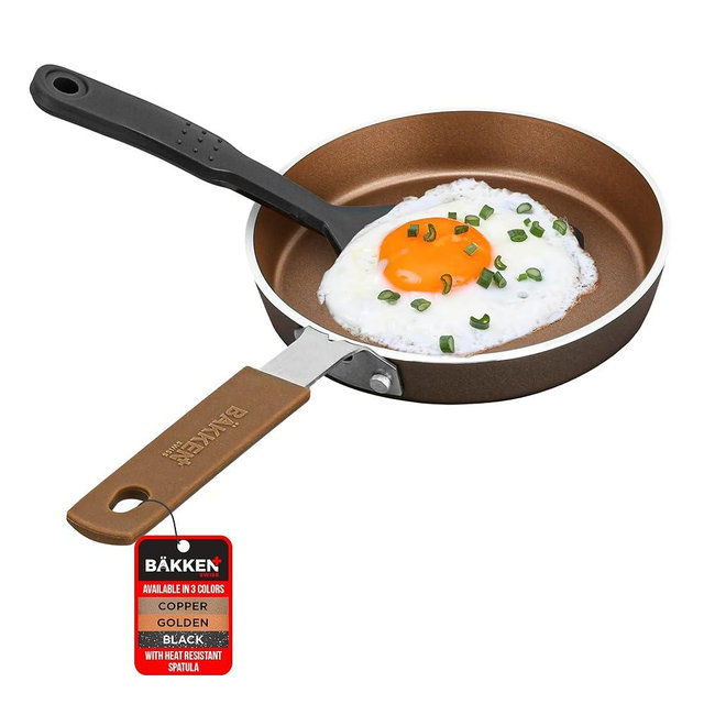 BAKKENMASTER Bakken-Swiss 2-Piece Mini Nonstick Egg and Omelet Pan Set – 5.5'' Skillet with Copper/Golden Non-Stick Coating, Eco-Friendly and Non-Toxic – Perfect for Eggs & Pancakes