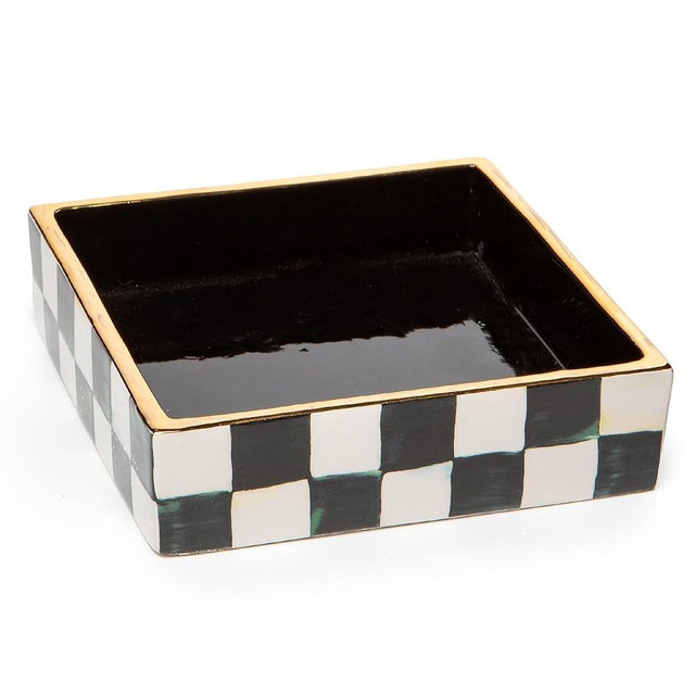 MACKENZIE-CHILDS Ceramic Cocktail-Napkin Holder, Kitchen Napkin Holder for Table and Countertop, Black-and-White Courtly Check