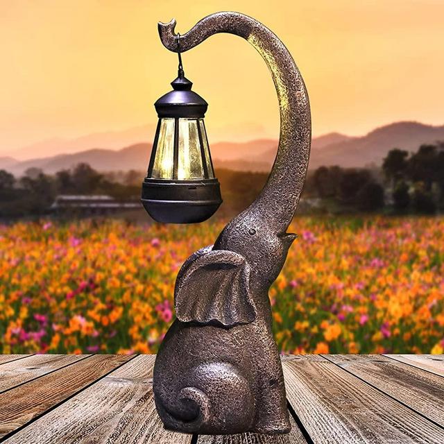 15 inch Outdoor Sculpture Figurine Statue Elephant with Solar Powered LED Lights for Garden Patio Home & Office Décor Housewarming Gift Good Luck