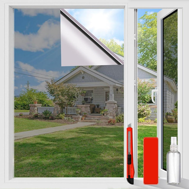 One Way Privacy Window Film Sun Blocking, Heat Blocking Window Tint for Home See Out But Not in, Static Cling & Anti UV, Black-Silver,47.2 Inch x 157.4 Inch