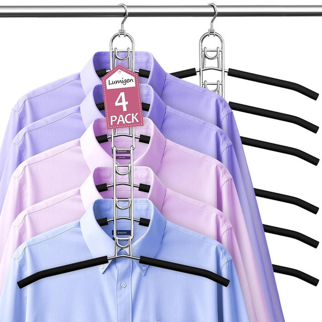 Clothes Hangers Space Saving, Stackable Shirt Hangers, 6-Tier Foldable Non-Slip Coat Hanger with 360° Swivel Hook for Closet Organizers and Storage Shirt,Sweater,Suit - 4 Pack