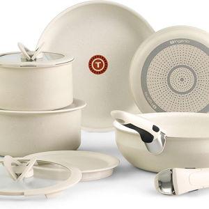 T-fal Ingenio Essentials Cookware Set with Detachable/Removable Handle 11 Piece, Granite Titanium Non Stick, Oven Broiler Safe 500F, Stackable, Pots and Pans Set, Frying Pans, Dishwasher Safe, Beige