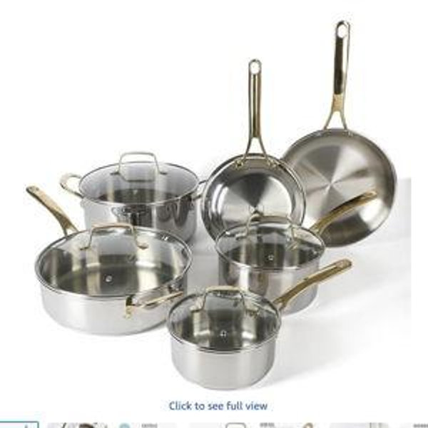 Martha Stewart Castelle 10 Piece 18/8 Durable Stainless Steel Induction Safe Pots and Pans Non-Toxic Kitchen Cookware Set - Gold Handles - Dishwasher Safe