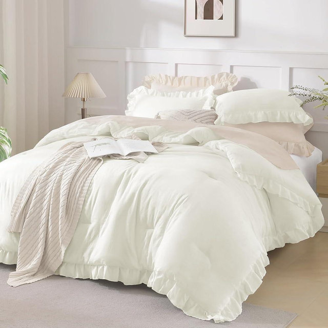 Andency Ivory Comforters Queen Size, 3 Pieces Solid Shabby Chic Farmhouse Bedding Comforters & Sets, Lightweight Fluffy All Season Soft Down Alternative Bed Set for Women Men