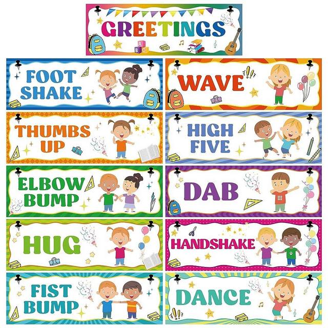 Wehhbtye 11Pcs ​Greeting Choice Classroom Rules Posters - Social Distancing Greetings Poster Greetings Bulletin Poster for Preschool Elementary Supplies