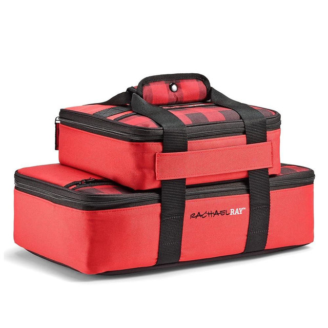 Rachael Ray Lugger Duo, Insulated Casserole Carrier for Hot or Cold Food, Thermal Lasanga Lugger Tote for Potluck, Parties, Picnic, and Cookouts, Fits 9" x 13" Baking Dish, Red Buffalo