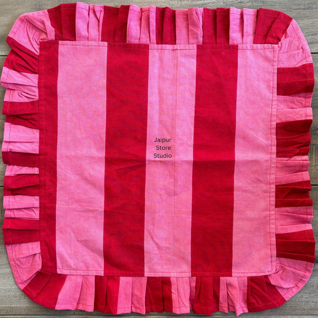 Handmade Cotton Napkins: Red and Pink Striped Ruffled Table Linen, Set of 6