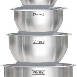 Viking Mixing Bowls Set, 10 Piece Stainless Steel Kitchen Cookware, Non-Slip Silicone Base, Includes Tight Fit Lids, Dishwasher Safe, Grey