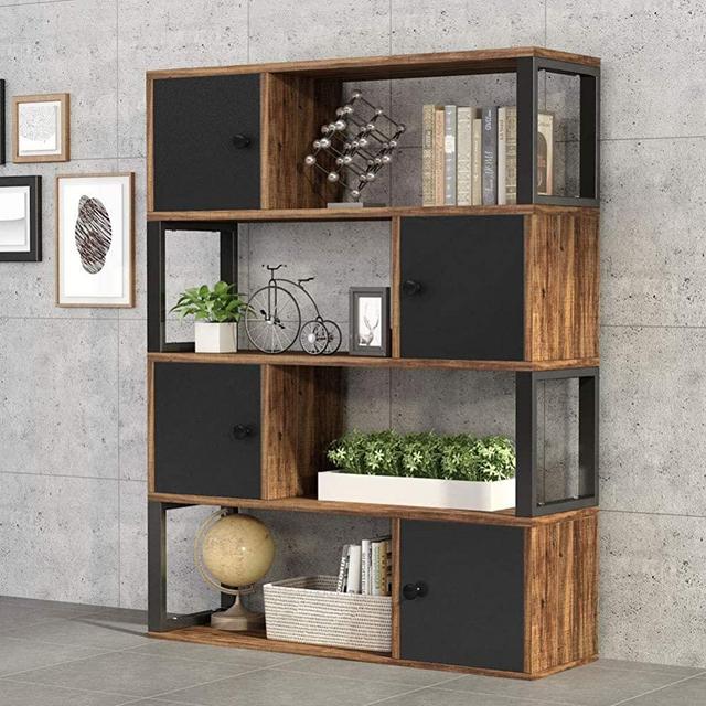 Tribesigns 4-Tier Bookcase, Rustic Open Bookshelf with Storage Cabinet, Vintage Industrial Display Book Shelf with Door for Home Office Organizer (Rustic)