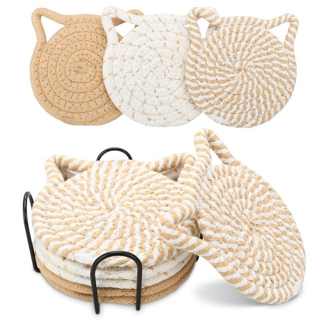 Drink Coasters Set of 6,Cat Ear Shape Cotton Woven Absorbent Cup Coasters with Holder for Tabletop Protection Home Office Decor,Suitable for Kinds of Cups