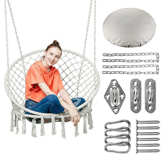 Greenstell Hammock Chair Macrame Swing with Hanging Kits, Hanging Cotton Rope Swing Chair, Comfortable Sturdy Hanging Chairs for Indoor,Outdoor,Bedroom,Patio,Yard, Garden,Home,290LBS Capacity (Beige)